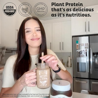 KOS Plant Based Protein Powder, Chocolate USDA Organic - Low Carb Pea Protein Blend, Vegan Superfood with Vitamins & Minerals - Keto, Soy, Dairy Free - Meal Replacement for Women & Men - 15 Servings