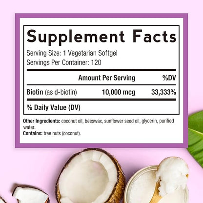 Doctor's Recipes Biotin 10,000 mcg, Hair Growth, Healthy Skin & Nails, Energy Metabolism, Vegetarian-Friendly Biotin, with Coconut Oil, Non-GMO, 4 Month Supply, 120 Vegetarian Softgels