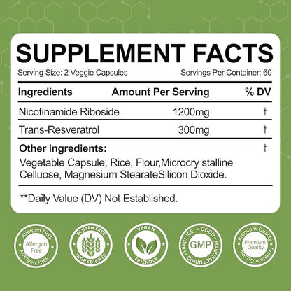 NAD Resveratrol Supplement 1500mg,120 Veggie Capsules | Liposomal NAD Plus Boosting | Support Cellular Health, Stamina & Healthy Aging for Women & Men | Non-GMO