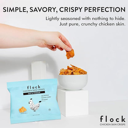 Flock Keto Chicken Skin Chips | Salt and Vinegar Flavor | Low Carb, High Protein, Gluten-Free Chicken Crisps, Keto Snack, Low Carb Chips, Protein Crackers, Diet Snacks, 8-Pack (1oz)