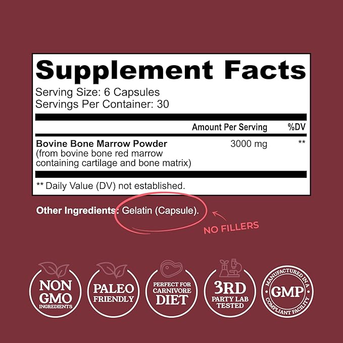 Bovine Bone Marrow Supplement - 100% Grass Fed and Pasture Raised in New Zealand- Freeze Dried, 3rd Party Lab Tested, Non GMO, No Fillers – Supports Collagen, Joint, Bone & Immune Health- 180 Capsules