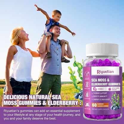 Sea Moss & Elderberry Gummies, Blueberry Flavored Gummy, Vitamins Sea Moss Supplements with Vitamin C + Zinc and Apple Cider Vinegar, Good Texture, Vegan-Friendly, 120 Count(Pack of 2)