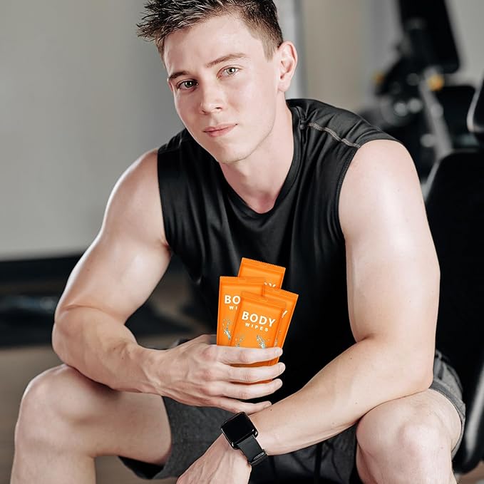 Treela 300 Pcs Large Body Wipes Bulk Deodorant Travel Size for Homeless Care Package Supplies Individually Wrapped Adults Bathing No Rinse Wet Wipes Men Women Hygiene Items(7.09" X 9.84",Orange)