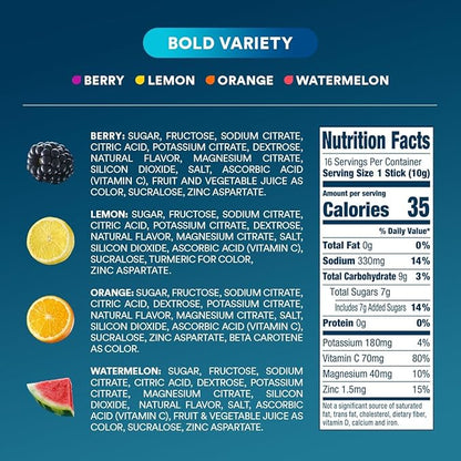 DripDrop Hydration Packets - Bold Variety Pack - Single Serve Electrolytes Powder Drink Mix - Watermelon, Berry, Lemon, Orange - Non-GMO, Gluten Free, Vegan - 16 Sticks
