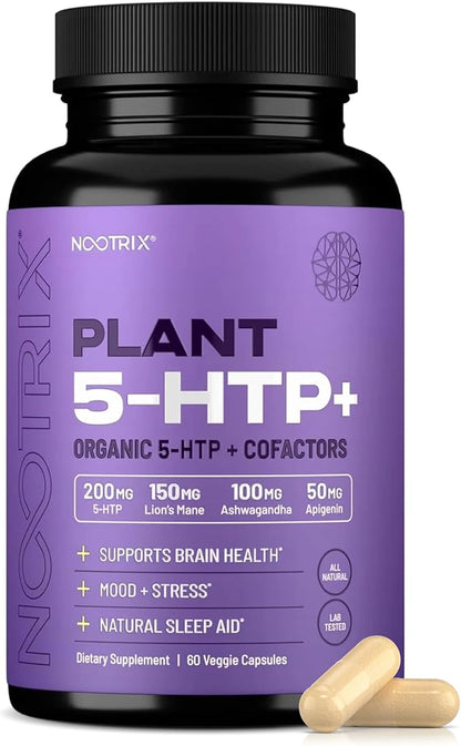 Nootrix Organic Plant 5 HTP+ Supplement | Supports Memory, Mental Focus, Cognitive Health & Energy | Promotes Healthy Mood & Brain Function | Vitamin B6 & L Theanine |60 Capsules