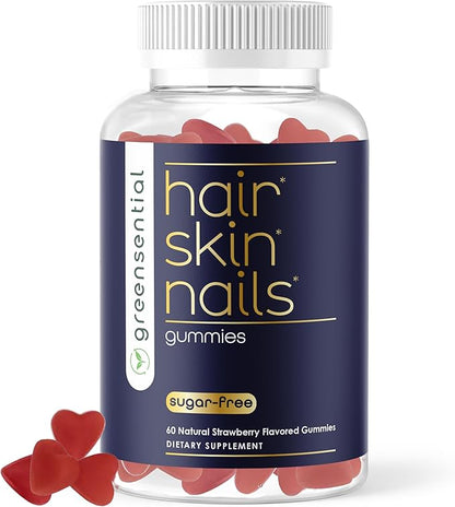 Sugar-Free Hair, Skin & Nails Gummies - Complete Vitamin Complex w/Natural Ingredients - Fuller Hair Support - No Artificial Colors, Natural Strawberry Flavor, Made in USA, 60 Ct