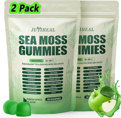 16 in 1 Sea Moss Gummies with Ashwagandha Black Seed Oil Bladder Wrack Turmeric Vitamin C & D3 with Manuka Burdock Root, Irish Sea Moss Gummies for Women & Men, Vegan Green Apple, 2 Pack