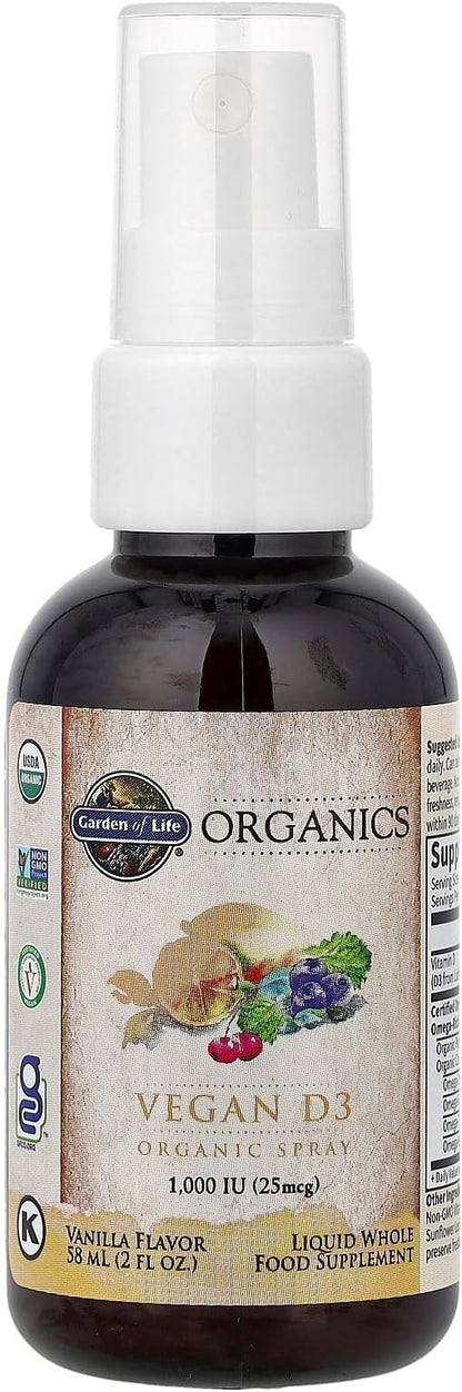 Garden of Life Organics Vegan Vitamin D3 Spray with Plant Omegas – Liquid Vitamin D3 for Immune Support & Bone Health, 1000 IU, USDA Organic, Non-GMO, Vanilla Flavor, 2 Fl Oz Bottle, 125 Servings