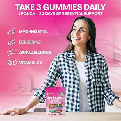 Myo-Inositol & D-Chiro Inositol Gummies with Berberine, Vitamins D3+K2, B12, Folate, Zinc, Magnesium, Ashwagandha, Chasteberry, Bioperine, DIM - 16 in 1 Supplement - Mixed Berry Flavor - 90 Gummies