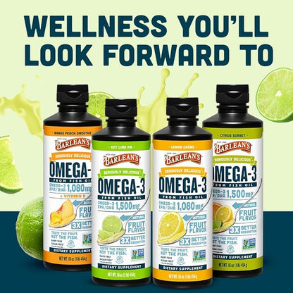 Barlean's Omega 3 Fish Oil Liquid Supplement for Men and Women, 1500mg of EPA and DHA Fatty Acid, Promotes Brain & Heart Health - Non-GMO, Key Lime Pie, 16 oz