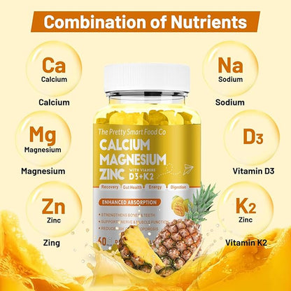 Calcium Magnesium Zinc Gummies with Vitamin D3 & K2 for Bone, Muscle & Immune Support - High Potency Enhanced Absorption - 60 Mango Pineapple Gummies