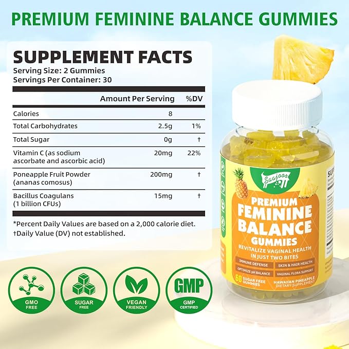 Premium Feminine Balance Gummies for Women's Immune Health, Hawaiian Pineapple Gummies Support pH Balance & Immune Support, Vegan, Gluten-Free, 120 Count ﻿