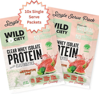 WILD SOCIETY - Clear Protein Powder + Electrolytes - 20g Clear Whey Protein Isolate Drink - Zero Sugar - 0g Lactose - Natural Ingredients - Travel Pack - 10x Singe Serves - Watermelon Lime