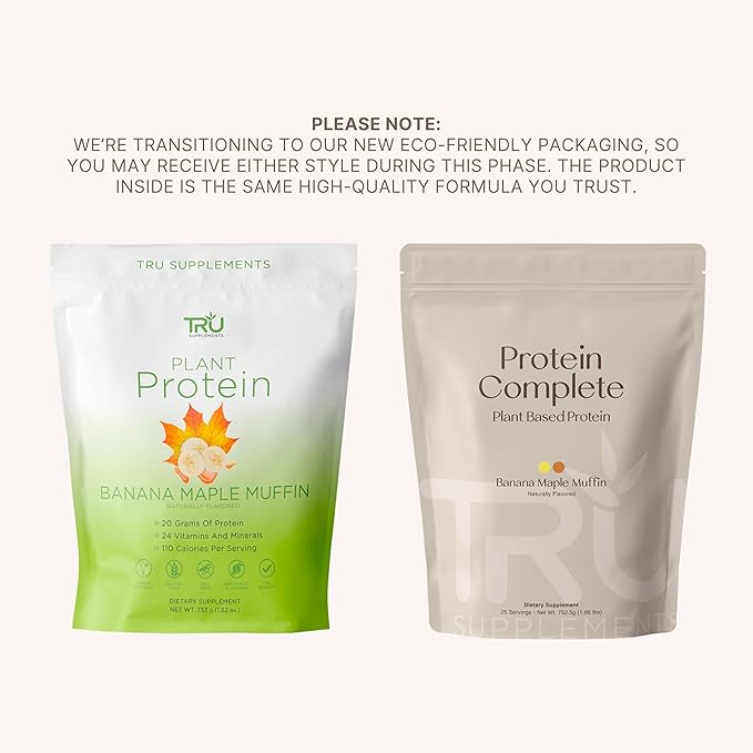 TRU Supplements Plant Based Protein Powder, BCAA, EAA, 20g Vegan Brown Rice & Pea Protein, 100 Calories, 27 Vitamins, No Artificial Flavors 25 Servings (Banana Maple Muffin)