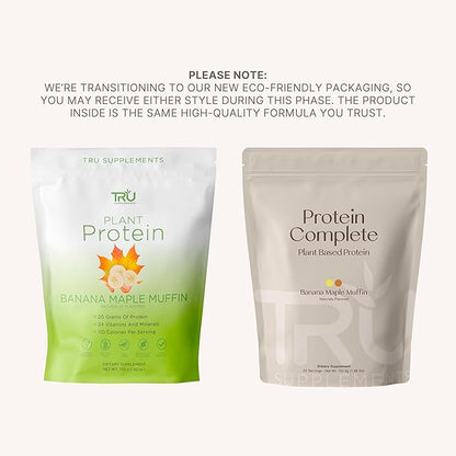 TRU Supplements Plant Based Protein Powder, BCAA, EAA, 20g Vegan Brown Rice & Pea Protein, 100 Calories, 27 Vitamins, No Artificial Flavors 25 Servings (Banana Maple Muffin)