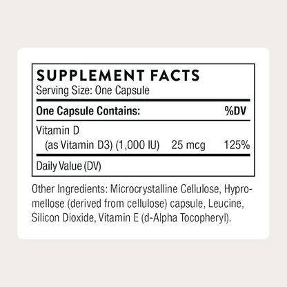 THORNE - Vitamin D3 Supplement - Supports Healthy Bones, Teeth, Muscles, Cardiovascular & Immune Function* - Gluten, Dairy & Soy-Free - 1,000 IU - 90 Servings