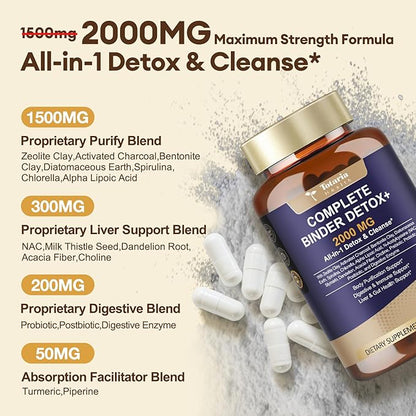 2Pack 2000MG Complete Binder Detox+ Activated Charcoal, Zeolite, Bentonite Clay, NAC, Milk Thistle, Probiotic, All-in-1 Detox & Cleanse Supplement, Liver & Gut Support, 240 Capsules