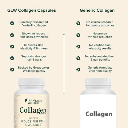 Great Lakes Wellness Collagen Peptides Pills – Supports Hair, Skin, Nails, Joints & Digestion – Hydrolyzed, Non-GMO, Keto & Kosher, VERISOL Collagen Types I & III for Maximum Absorption (120 Capsules)