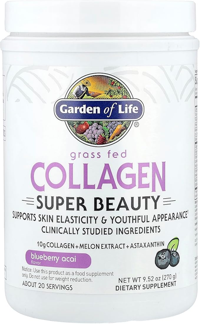 Garden of Life Grass Fed Collagen Powder, Blueberry Acai, Hydrolyzed Collagen Peptides Powder Supplement Drink Mix, 20 Servings