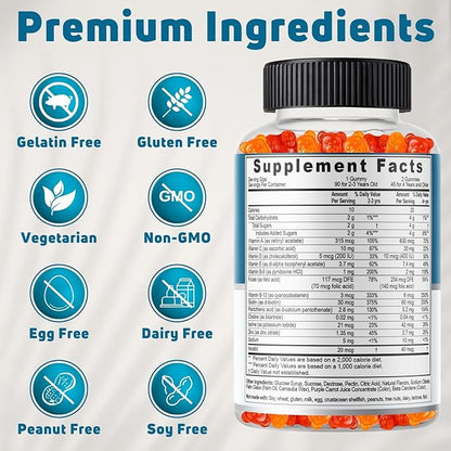 Gelatin Free, Vegetarian Kids Multivitamin Gummies 45-90 Day Supply. 14 Essential Vitamins & Minerals. Kids Gummy Vitamins for Overall Wellness. Non-GMO, Gluten Free Children Vitamin