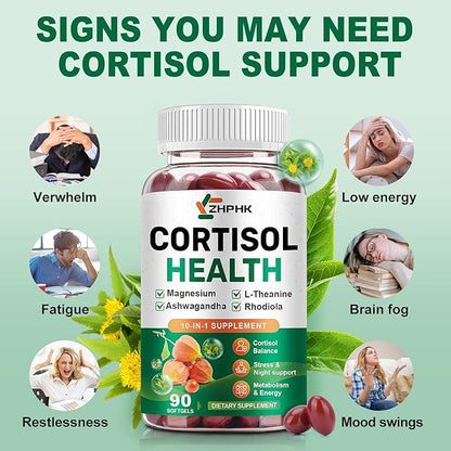 Cortisol Supplements for Women and Men Softgels, Cortisol Manager 10-in-1 with Magnesium Ashwagandha Rhodiola L-Theanine Balanced Cortisol Levels for Relaxation Focus Cognitive Night Support 180 Count