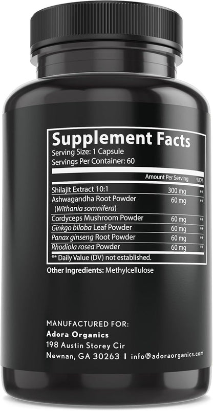 6-in-1 Shilajit Supplement 300mg, Mood and Energy Support Supplement with 60mg Pure Ashwagandha, Rhodiola Rosea Panax Ginseng for Immune Support, Memory and Focus, 85+ Trace Minerals, 60 Capsules