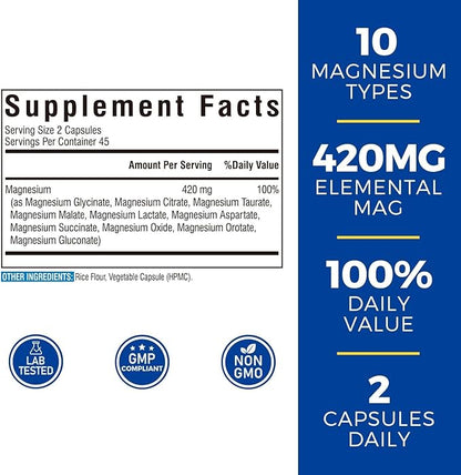 10 in 1 Magnesium Complex, 420mg Elemental Magnesium | Ultra Strength, Max Absorption | Chelated Magnesium Supplement for Nerves, Bone & Heart Health | Non-GMO, 90 Vegan Capsules