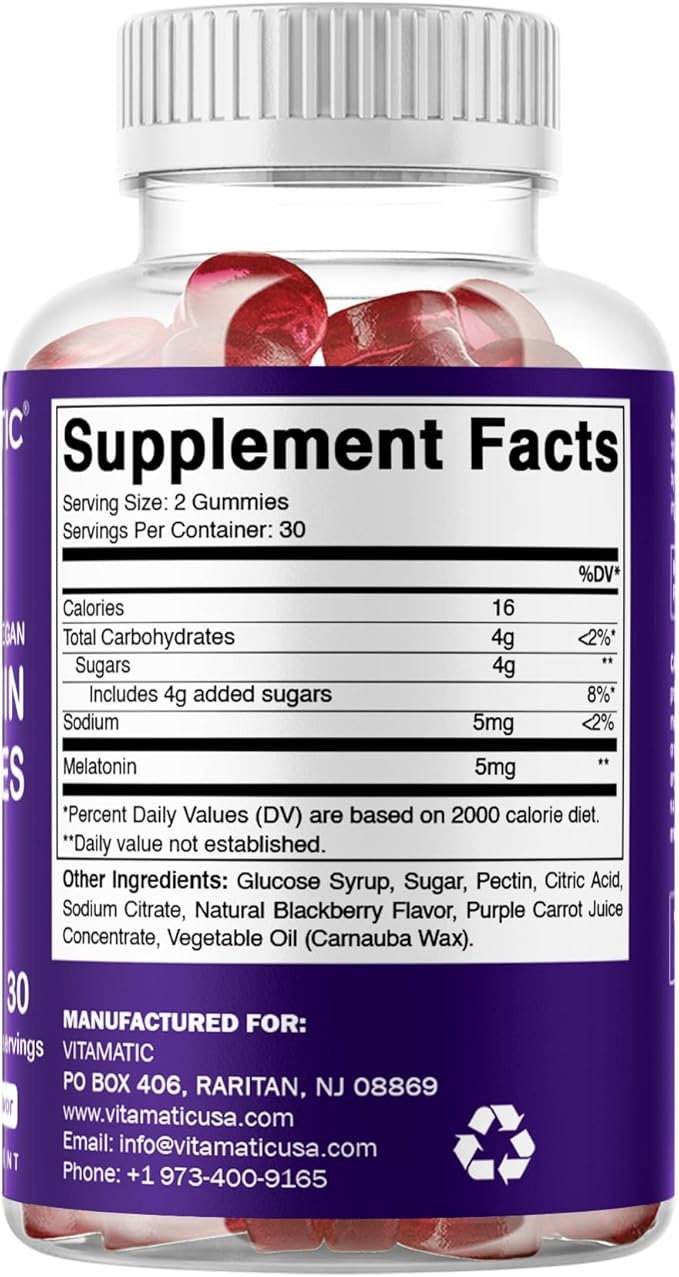 Vitamatic Melatonin Gummies – (2.5 mg, 5 mg & 10 mg Doses) | 60 Vegan Gummies per Bottle | Pack of 2