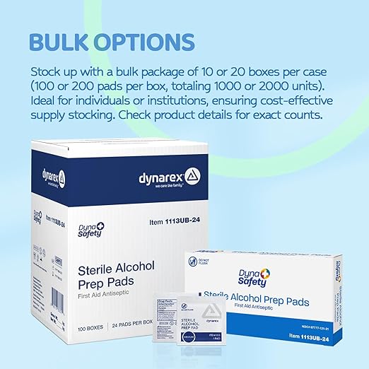 Dynarex DynaSafety Sterile Alcohol Prep Pads - Medium - 70% Isopropyl Alcohol, Individually Wrapped, Soft Cleaning Wipes - Case of 100 Boxes, 24 per Box