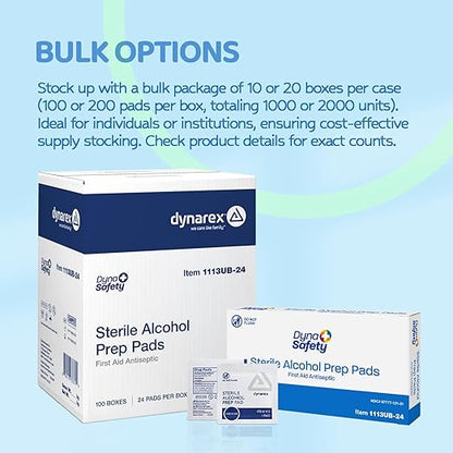 Dynarex DynaSafety Sterile Alcohol Prep Pads - Medium - 70% Isopropyl Alcohol, Individually Wrapped, Soft Cleaning Wipes - Case of 100 Boxes, 24 per Box