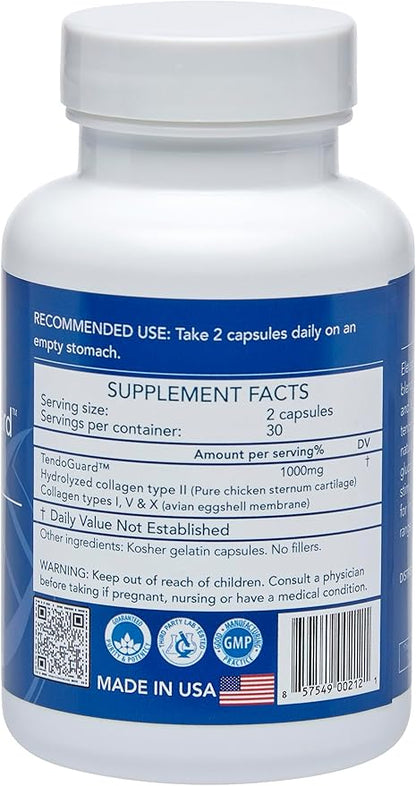 Longevity by Nature TendoGuard Joint Support Supplement with Collagen Peptides, Hyaluronic Acid Supplements, Tendon and Ligament, 60 Capsules
