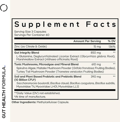 Codeage Gut Health Supplements Vegan Formula - L Glutamine, Zinc, Turkey Tail Mushroom Powder, Tonic Mushroom, Maitake, Micro Algae, Mineral, Licorice Root DGL - Probiotics, Prebiotics - 180 Capsules