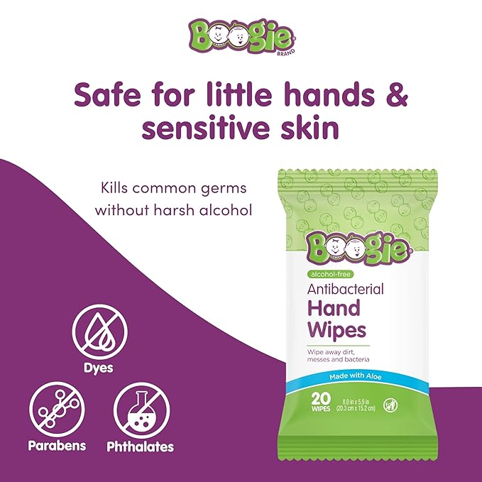 Antibacterial Hand Wipes by Boogie, Alcohol Free, Hypoallergenic and Moisturizing Aloe, Hand Wipes for Kids and Adults, 6 Packs of 20 (120 total wipes)