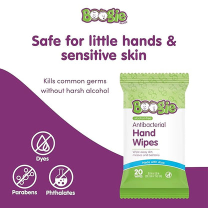 Boogie Antibacterial Hand Wipes by Boogie, Alcohol Free, Hypoallergenic and Moisturizing Aloe, for Kids and Adults -100 Total Wipes (5 Packs of 20)