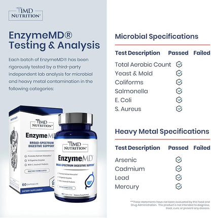 1MD Nutrition EnzymeMD - Digestive Enzymes Supplement - Doctor Formulated | 18 Plant-Based Enzymes - Gas & Bloating Support | 60 Capsules