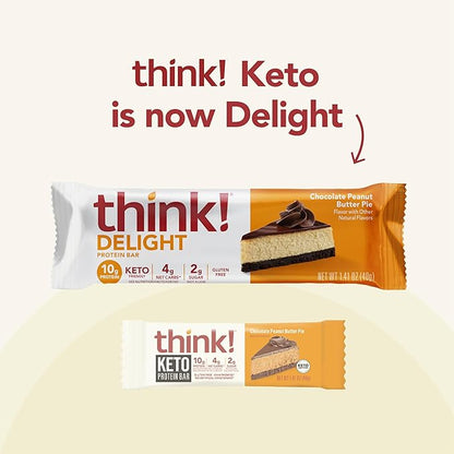 think! Keto Protein Bars, Healthy Low Carb, Low Sugar, Gluten Free Snack with No Artificial Sweeteners, 4G Net Carbs & 10G of Whey Protein - Chocolate Peanut Butter Pie (10 Count)