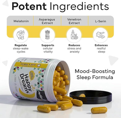 Nuton Happy Dreams Natural Sleep Aid Supplement & Cellular Vitality - Melatonin Sleep Aid for Adults, Time Release Formula with ETAS Asparagus, L-Serine and Venetron Extract, 60 Veggie Capsules