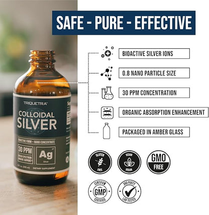 Bioactive Colloidal Silver - 8 oz, Glass Bottle, Vegan, Safe Doses with Highest Effectiveness - Nano Ions, 30 PPM - Immune Support (48 Servings)