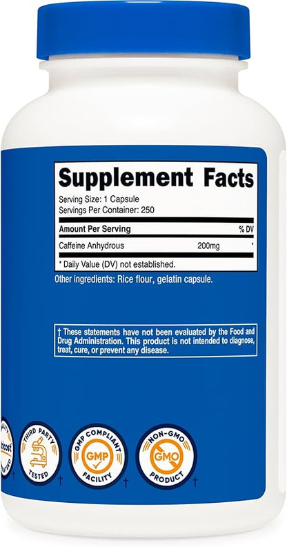 Nutricost Caffeine Pills, 200mg Per Serving (250 Caps)