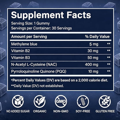 Inditropic Methylene Blue Gummies, 5mg Methylene BlueGummies for Men, Cognitive Support & Mental Focus, Boosts Cellular Energy, 99.9% Pure, Vegan, Non-GMO, 30 Gummies