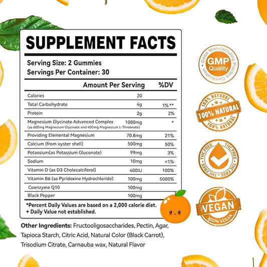 Magnesium Glycinate Gummies 1000mg - Sugar Free Magnesium Potassium Supplement with Vitamin D, B6, CoQ10 for Calm Mood & Sleep Support - 60 Orange Gummies