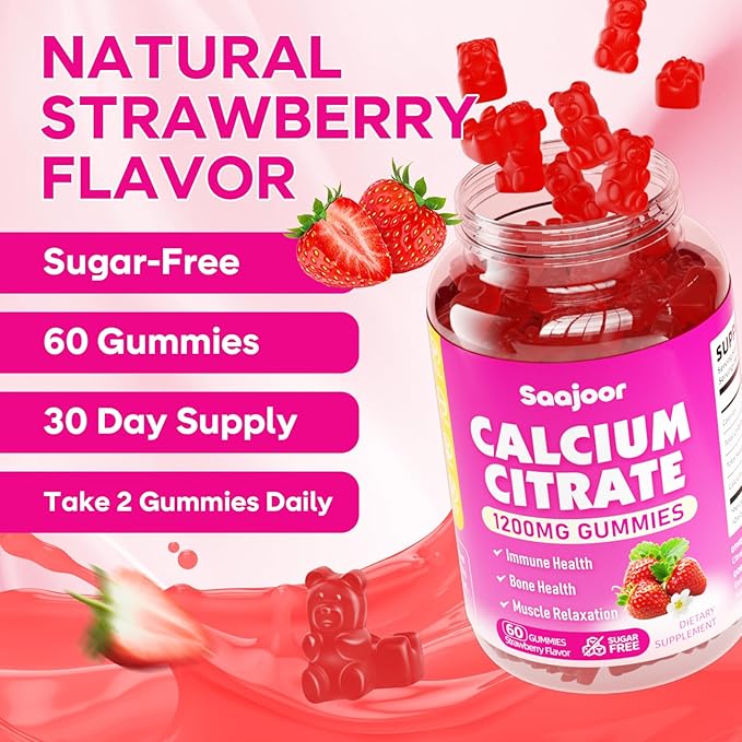 2 Pack Calcium Citrate Gummies 1200 mg - High Absorption Calcium for Strong Bones, Muscles & Immune Support - Vegan, Non-GMO, Natural Strawberry Flavor, 120 Count