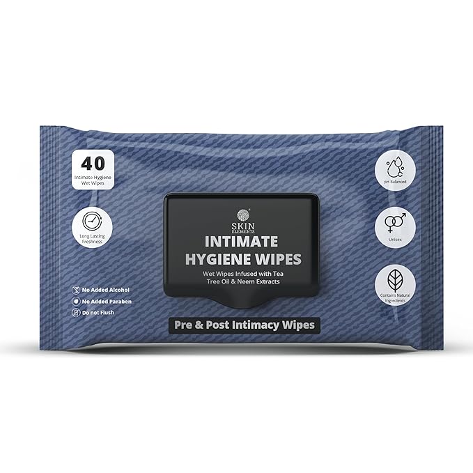 Skin Elements Intimate Hygiene Wipes | Unisex | pH Balanced Wet Wipes | Tea Tree Oil & Neem Extracts | 40 Intimate Hygiene Wet Wipes | For Pre and Post Intimacy