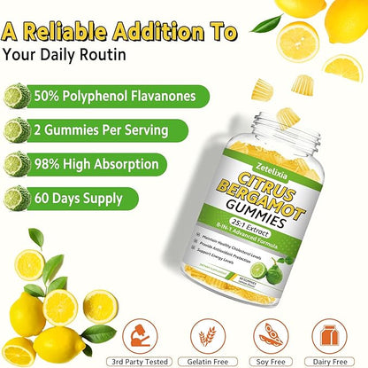 2 Pack Citrus Bergamot Gummies, Citrus Bergamot Supplement for High Cholesterol, Cholesterol Lowering Supplement for Heart, Immune System & Healthy Aging Support, Sugar Free, Lemon Flavor, 120 Cts