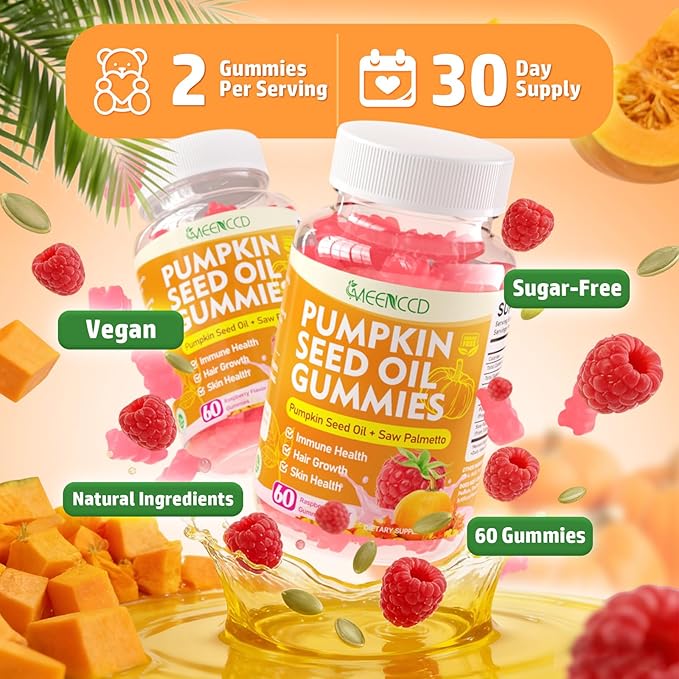 MEENCCD 2 Pack Pumpkin Seed Oil Gummies with Saw Palmetto, Pumpkin Seed Oil for Hair and Skin Health, Pumpkin Seed Extract for Women Men, Sugar-Free, Raspberry Flavor, 120 Count
