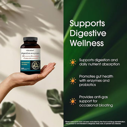 NatureBell Digestive Enzymes - 240 Capsules - Gut & Digestive Health Support Supplement* - with 20 Enzymes, 5 Prebiotics & 10-Strand Probiotic Blend