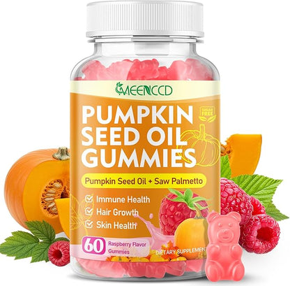 MEENCCD Pumpkin Seed Oil Gummies with Saw Palmetto, Pumpkin Seed Oil for Hair and Skin Health, Pumpkin Seed Extract for Women Men, Sugar-Free, Raspberry Flavor, 60 Count