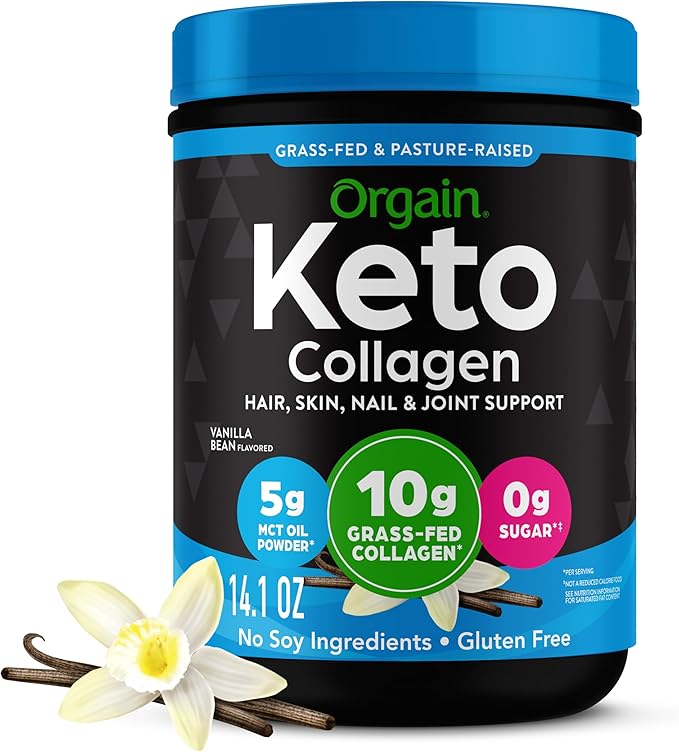 Orgain Keto Collagen Protein Powder, Vanilla - 10g Grass Fed Hydrolyzed Collagen Peptides for Women & Men, Type I & III, 5g MCT Oil - Hair, Skin, Nail, & Joint Support, Non-GMO, Gluten Free - 0.88lb