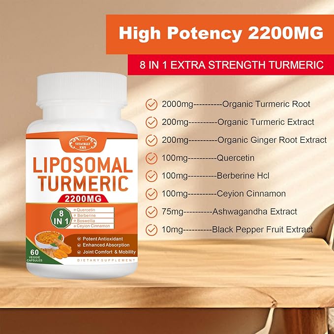 2200mg Liposomal Turmeric Curcumin Supplement with Black Pepper & Ginger Enhanced Absorption - 95% Curcumin Extract for Joint Support 60 Capsules