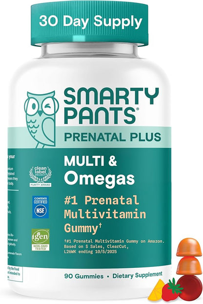 SmartyPants Prenatal Multivitamin Gummies with Omega 3 DHA/EPA, Methylfolate, Biotin, Vitamins D3, C, B12, B6, A, K, and Zinc, Gluten Free, Clean Label, Two Fruit Flavors, 90 Gummies (30 Day Supply)